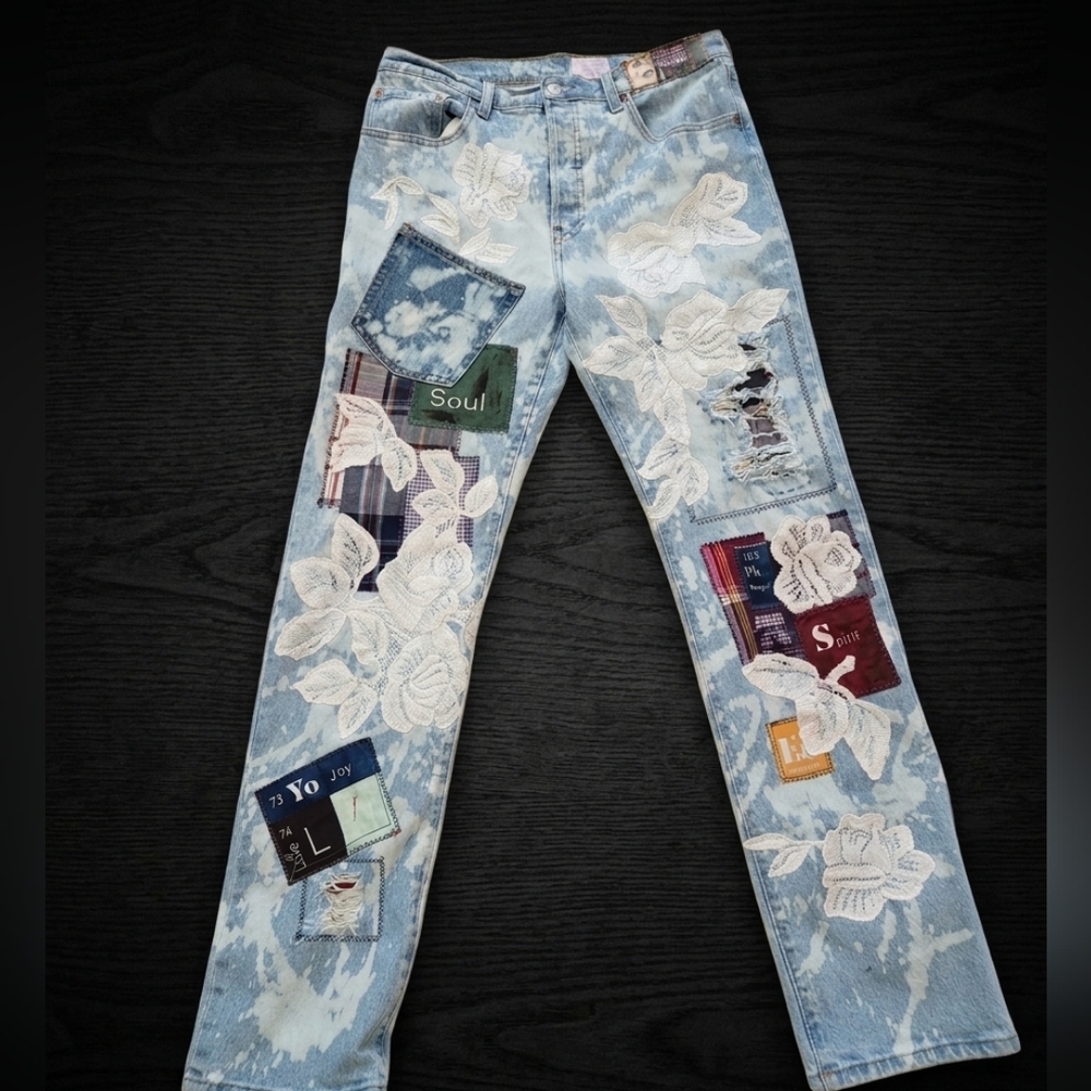 Levi 501 Button Fly Upcycled Patchwork Denim Jean… - image 3